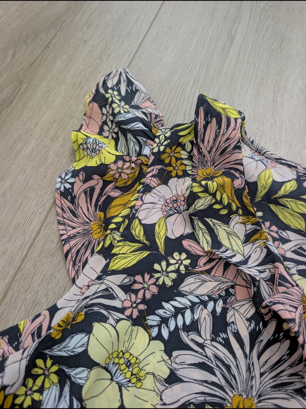 LOFT Floral Ruffle Sleeve Blouse in Black, Pink & Lime - Picture 10 of 12